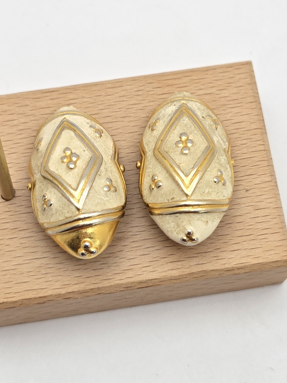 Vintage Ben-Amun Enamel Clip-On Statement Earrings Gold Tone Cream
